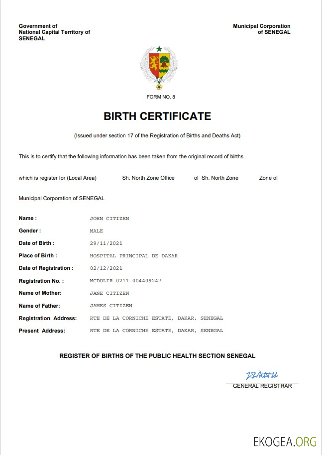 Modèle Word et PDF d'acte de naissance de l'état civil du Sénégal